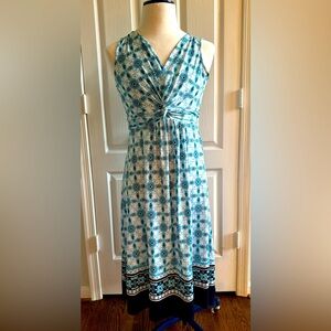 Dana Buchman Aqua Navy White Floral Paisley Slip on Midi Dress Size M (8/10)